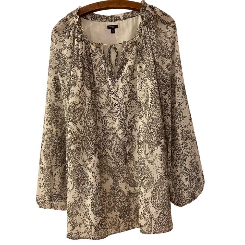 Talbots Blouse Womens 2X Black Ivory Paisley Tie Neck Boho Peasant Career Office